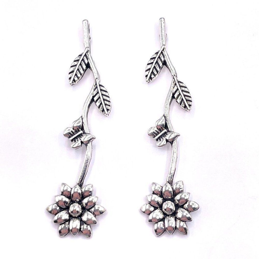 Silver Long Stem Flower with Leaf and Butterfly Post Back Earrings
